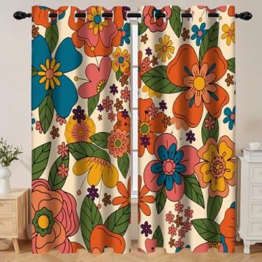 Imagem de Emwnodti Cortinas blackout florais vintage, cortinas pretas retrô descoladas hippie descoladas com flores boho, decoração colorida e fofa para sala de estar, 2 painéis, 132 x 213 cm
