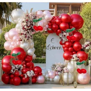 Imagem de Conjunto de kit de arco de balões vermelhos e rosa e branco, vermelho escuro, para aniversário, dia das mães, dia dos namorados, noivado, aniversário, chá de panela, decorações de festa
