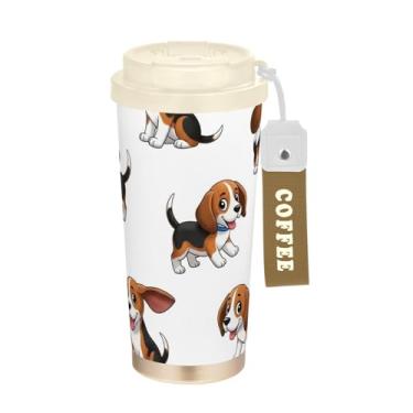 Imagem de TSENQUE Copo de café de 473 ml com revestimento cerâmico, copo de café de viagem de aço inoxidável com canudo e tampa, copo isolado a vácuo, cães beagle de desenho fofo branco