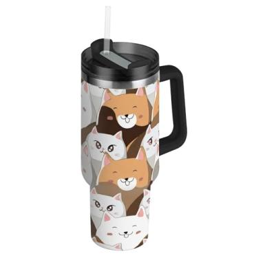 Imagem de Copos de aço inoxidável com tampa e canudos fofos desenhos animados rostos de gato cores copo de café copo térmico 1,134 g copo com alça garrafa de água isolada