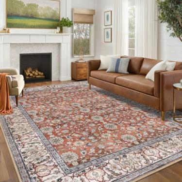 Imagem de KUTA Tapetes florais vintage, 15 x 23 cm, tapetes laváveis para sala de estar, antiderrapante, terracota, ultrafino, estampa macia, flor envelhecida, tapete tradicional para quarto, sala de jantar