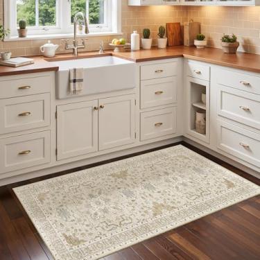 Imagem de Madane Tapete lavável 5 x 10 cm, tapete de entrada pequeno, antiderrapante, vintage, entrada interna, tapete de piso baixo para entrada de cozinha, lavanderia, bege/azul