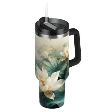 Imagem de Joisal Copos vintage de flor branca libélula com tampa e canudos, garrafa de água de aço inoxidável, copo isolado com alça 1,134 g rosa carros caneca de café bebida quente