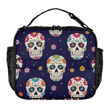 Imagem de Joisal Lancheira colorida preta floral com caveiras de açúcar para mulheres, meninas, lancheira, personalizada, infantil, masculina, lancheira para trabalho, bolsa térmica macia para meninos