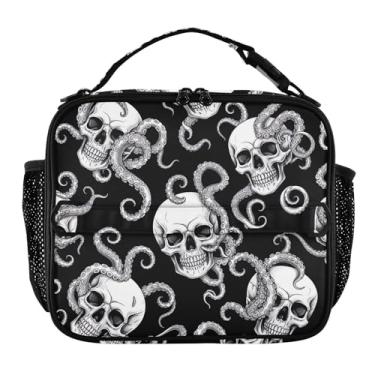 Imagem de Joisal Lancheira com estampa de caveiras pretas e brancas para mulheres, meninas, com alça de ombro, lancheira masculina e infantil para trabalho e meninos, linda bolsa térmica rosa