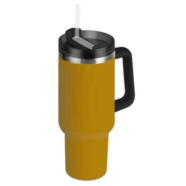 Imagem de Copos escuros Goldenrod com tampa e canudo grande copo com alça garrafas de água de 850 g copos de café quente isolados de aço inoxidável para carro
