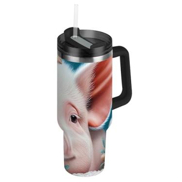 Imagem de Copos de aço inoxidável com tampa e palha, estampa de porco fofo, flores de coroa, copo de café, copo térmico de 850 g com alça, garrafas de água isoladas