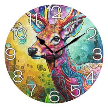 Imagem de GAIGEO Relógio de parede analógico decorativo redondo sem tique-taque silencioso relógio de cozinha, sala de estar decoração de parede moderna arte de veado colorida estética, 25 cm, ponteiros pretos