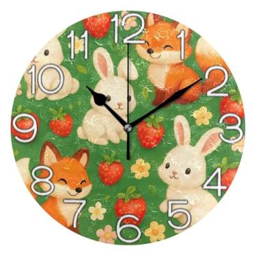 Imagem de Relógio de parede analógico decorativo relógio de cozinha bonito operado a pilhas, decoração de parede retrô moderna art déco, coelhos fofos, raposas, verde, 25 cm, ponteiros dourados