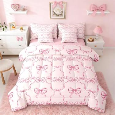 Imagem de Erosebridal Conjunto de cama feminino Coquette com laço, 7 peças, King, princesa, xadrez, com lençóis, fita de fantasia, kawaii, para crianças, meninas, mulheres, estética, geométrico, rosa, roxo