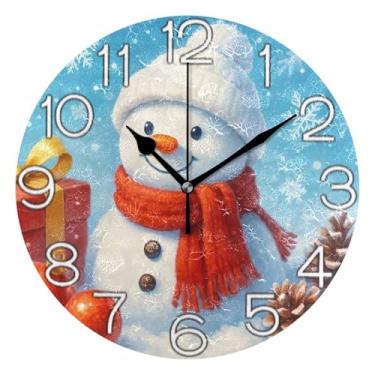 Imagem de GAIGEO Relógio de parede analógico decorativo operado por bateria silencioso relógio de sala de aula, sala de estar, decoração de parede moderna, boneco de neve de Natal fofo, branco, 25 cm, ponteiros