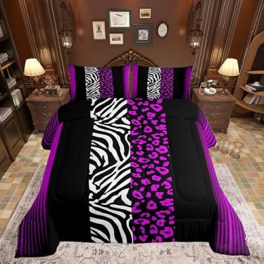 Imagem de Castle Fairy Conjunto de cama de zebra e leopardo, para meninos e meninas, estampa de animais selvagens, aconchegante, tamanho casal, roxo, preto, linhas abstratas, conjunto de edredom para decoração