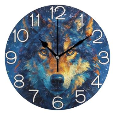 Imagem de Relógio de parede analógico decorativo para quarto e cozinha, operado a pilhas, decoração de parede de casa de fazenda moderna, noite estrelada, azul lobo, 25 cm, ponteiros dourados
