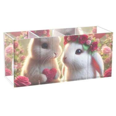 Imagem de TSENQUE Lindo porta-canetas de mesa de arte, lindo coelhinho, floral, dia dos namorados, porta-pincéis de maquiagem, porta-lápis, copo de arte, personalizado, decorativo, material de escritório