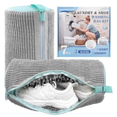 Imagem de Kit de bolsa 3 em 1 para máquina de lavar roupa e sapato: bolsa de sapatos de lavanderia para lavadora e secadora, bolsa reutilizável de limpeza de sapatos para tênis, zíper autotravante e microfibra
