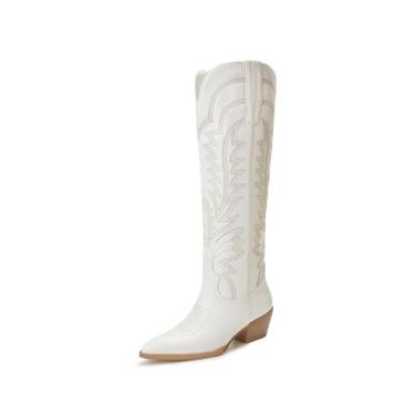 Imagem de Vertundy Botas de cowboy cano alto para mulheres, bico fino, cowgirl, salto grosso, botas ocidentais, Bege, 39