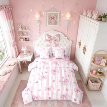 Imagem de Erosebridal Conjunto de cama de solteiro com laço rosa em uma bolsa para meninas, conjunto de cama de princesa com laço rosa moderno, conjunto de edredom com 7 peças, para adolescentes e crianças