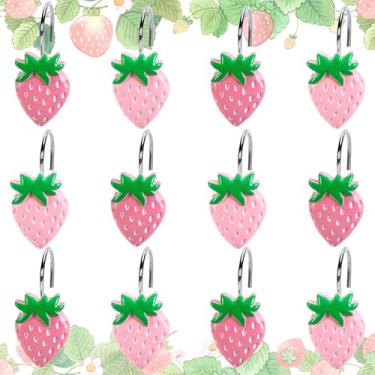 Imagem de JarThenaAMCS 12 peças de ganchos de cortina de chuveiro rosa morango, anéis decorativos de varão de chuveiro, ganchos de cortina de resina de verão para sala de estar, quarto, decoração de banheiro
