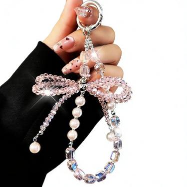 Imagem de LUVI Corrente de berloque de telefone com contas, cordão de pulso, contas de laço, pulseira de pérolas, acessórios bonitos da moda para bolsa, chaveiro, AirPods, câmera, pingentes, decoração para