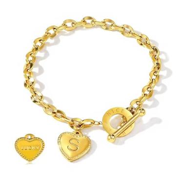 Imagem de pichuxiu Pulseira feminina com pingente banhado a ouro 18 quilates, coração do amor, P, elegante, fecho OT, joia de aço inoxidável, presente de aniversário