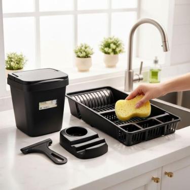 Imagem de Kit Pia Cozinha 4 Peças  Lixeira 4,8L, Porta Detergente, Suporte Espon