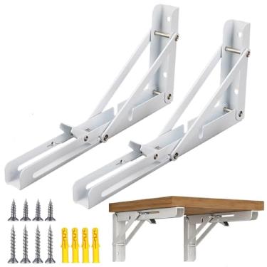 Imagem de 2 peças de suportes de prateleira dobráveis, suportes de parede resistentes dobráveis para banco de mesa, dobradiças de mesa de parede DIY com parafusos, economia de espaço, carga máxima de 30,5 kg