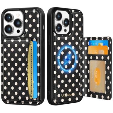 Imagem de Uppuppy Capa para iPhone 13 Pro com carteira – Compatível com MagSafe Women Girls Cute Aesthetic Unique Design Suporte de cartão de crédito de couro para Apple 13 Pro, Black Polka
