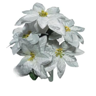 Imagem de Buquê Bico de Papagaio Artificial 5 Flores Vermelhas - Flores de Natal 30cm para Decoração, Árvore e Arranjos Festivos(Prata)