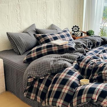 Imagem de EAVD Conjunto de edredom vintage preto guingão, 100% algodão musselina, vermelho, verde, quadriculado, xadrez, com 2 fronhas, casa de fazenda, reversível, preto para todas as estações