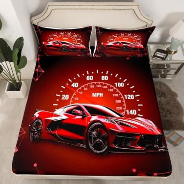 Imagem de Feelyou Jogo de lençol solteiro, carro de corrida vermelho, carro de corrida, esportes radicais, adolescentes, para decoração de quarto com 1 fronha (sem lençol de cima)