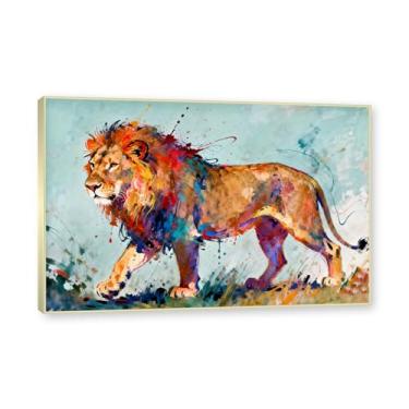 Imagem de NHLDZYH Moldura dourada. Quadro abstrato de leão - arte moderna com salpicos de cor vibrante - arte de parede energética para casa, escritório ou negócios - tela decorativa. A56. 60 x 90 cm.