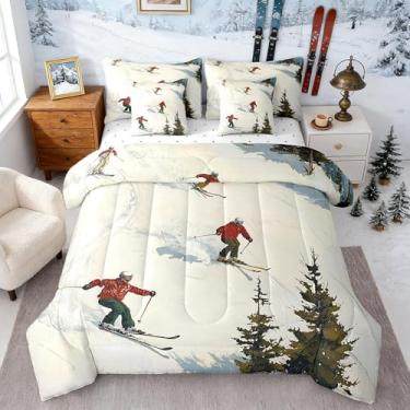 Imagem de Castle Fairy Jogo de cama casal de esqui, estilo esportivo moderno, tema de inverno, para crianças, adolescentes e adultos, todas as estações (lençol de cima, 2 fronhas, 2 fronhas)