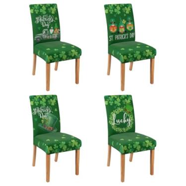 Imagem de Conjunto de 4 capas para cadeira de dia de São Patrício, decorações para o dia de São Patrício, elástico, removível, lavável, sala de jantar, trevo, gnomo, poltrona, festa, cozinha, casa, decoração de