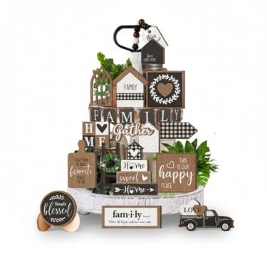 Imagem de Conjunto de decoração de bandeja em camadas, decoração de cozinha rústica para casa, 24 placas de madeira na cor original de madeira, centros de mesa para sala de jantar, cafeteria, mesa de entrada