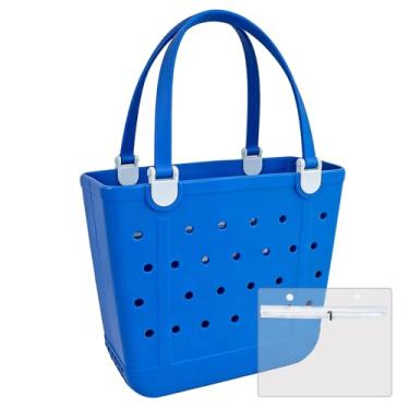 Imagem de Juyeesm Bolsa de praia média, bolsa de praia de borracha à prova d'água, bolsa lavável e aberta, bolsa de viagem durável para esportes ao ar livre, Azul royal, Medium(14.5*12.8*6in), Praia
