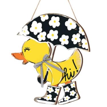 Imagem de Menkxi Placa suspensa de madeira de mola para porta da frente, decoração rústica de pato amarelo com laço, cabide de porta de madeira para decoração de páscoa de varanda interna e externa