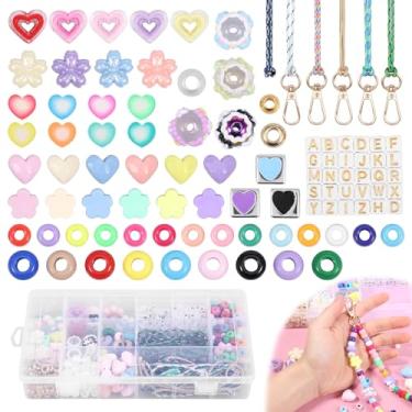 Imagem de Kit de fabricação de contas, 421 peças, kit de fabricação de chaveiros com contas para mulheres, coração de acrílico, flor, estrela, letras, porta-chaves, faça você mesmo, berloque, acessórios, kit de