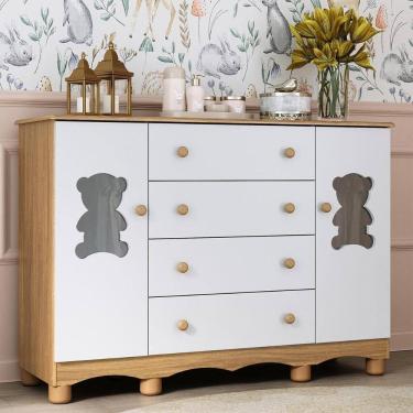 Imagem de Cômoda Infantil 125cm 2 Portas Com Vidro E 4 Gavetas Ternura Multimóveis Mp4480 Madeirado/branco Madeirado/branco