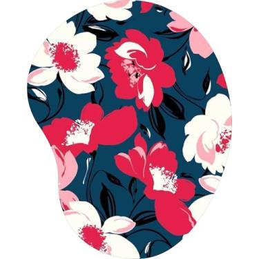 Imagem de Mouse Pad Ergonômico Gota Flores Vermelhas e Brancas Fundo Azul
