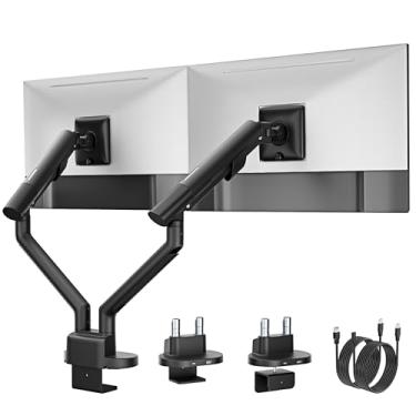Imagem de monTEK Suporte de monitor duplo com USB para telas de até 88.9 cm, cada braço comporta no máximo 11 kg, suporte de mesa para monitor ajustável de movimento total com braçadeira C/ilhós MA1010UCBK-D