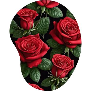 Imagem de Mouse Pad Ergonômico Gota Rosas Vermelhas Realistas Fundo Preto