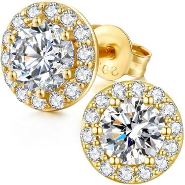 Imagem de Jiamiaoi Brincos de halo banhados a ouro branco 18 quilates prata esterlina 925 zircônia cúbica brincos de diamante falso para mulheres e homens brincos hipoalergênicos prata, 10MM, Prata esterlina,