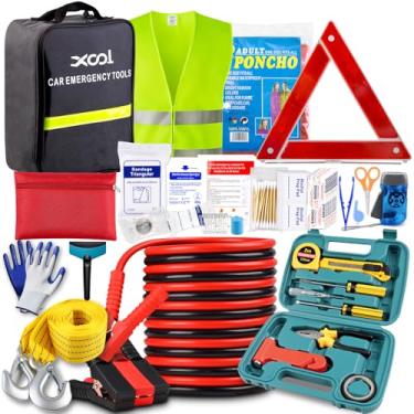 Imagem de XOOL Kit de Emergência para Carro – Segurança Rodoviária Completa para Homens e Mulheres com Cabos de Bateria, Kit de Primeiros Socorros, Corda de Reboque, Triângulo Refletivo e Caixa de Ferramentas