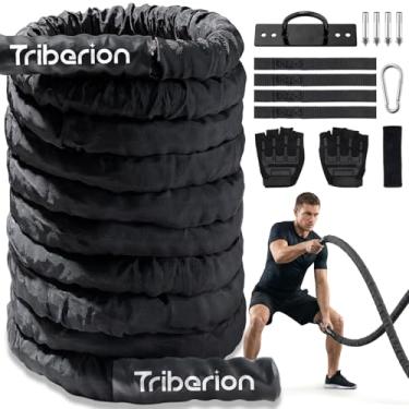 Imagem de Corda de batalha para treino de ginástica em casa – Cordas pesadas extra grossas de 5 cm e 9 m, equipamento de fitness, com manga e alça de âncora, kit para crossfit ao ar livre e malhar
