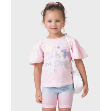 Imagem de Conjunto cute blusa + bermuda colorida verão infantil fofo - Rosa e Azul - Menina 1 a 4 anos-Feminino