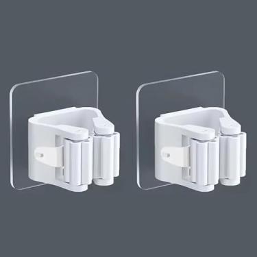 Imagem de 2 peças de gancho de suporte de vassoura para montagem na parede, clipes de esfregão montados na parede, sem instalação de broca, ganchos de armazenamento de banheiro adesivos fortes, branco