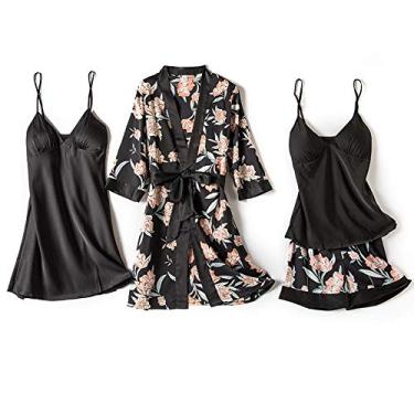 Imagem de Pijama feminino de cetim curto quimono robe pijama vestido lingerie de renda conjunto roupão de banho camisola G preto 4 peças (preto 4 peças)