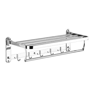 Imagem de Suporte de Toalha Banho Plegável Montado na Parede com 5 Ganchos e Inoxidável Aço 304 Resistente a Altas Cargas Prateleira Banheiro Econômica em Espaço para Casa Cozinha Armário Quarto