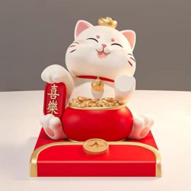 Imagem de FENNYYAR Bolsa de dinheiro estilo chinês de resina Joy Fortune Cat Suporte de telefone Ornamento, 9,6 cm 9,9 cm, decoração de mesa de carro