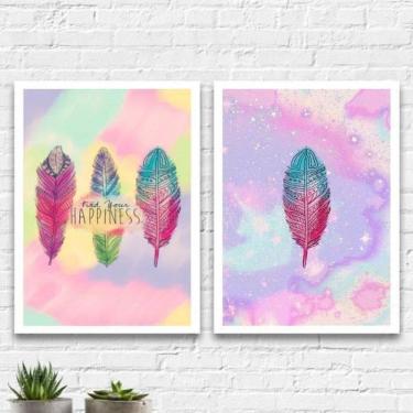 Imagem de Kit 2 Quadros Zen Penas Hapiness 24X18Cm Moldura Branca